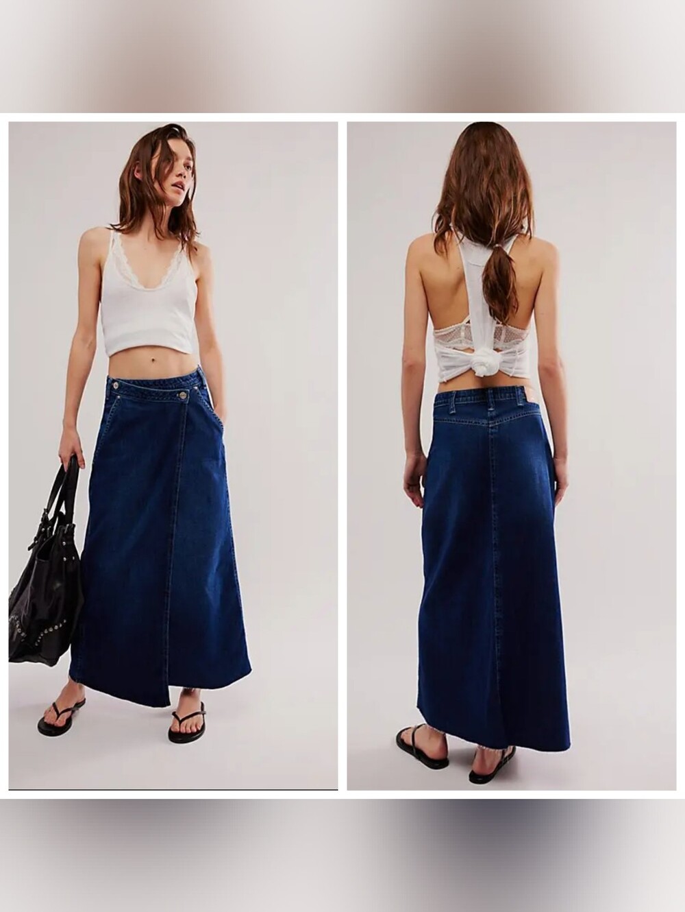 Free People We The Free Roxie Denim Wrap Skirt Size 33‎ Dark Wash Midi Raw Hem